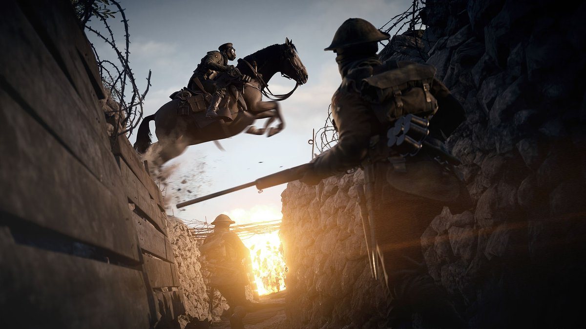 Battlefield 1 — кавалерист перепрыгивает через окоп, скриншот на PS4