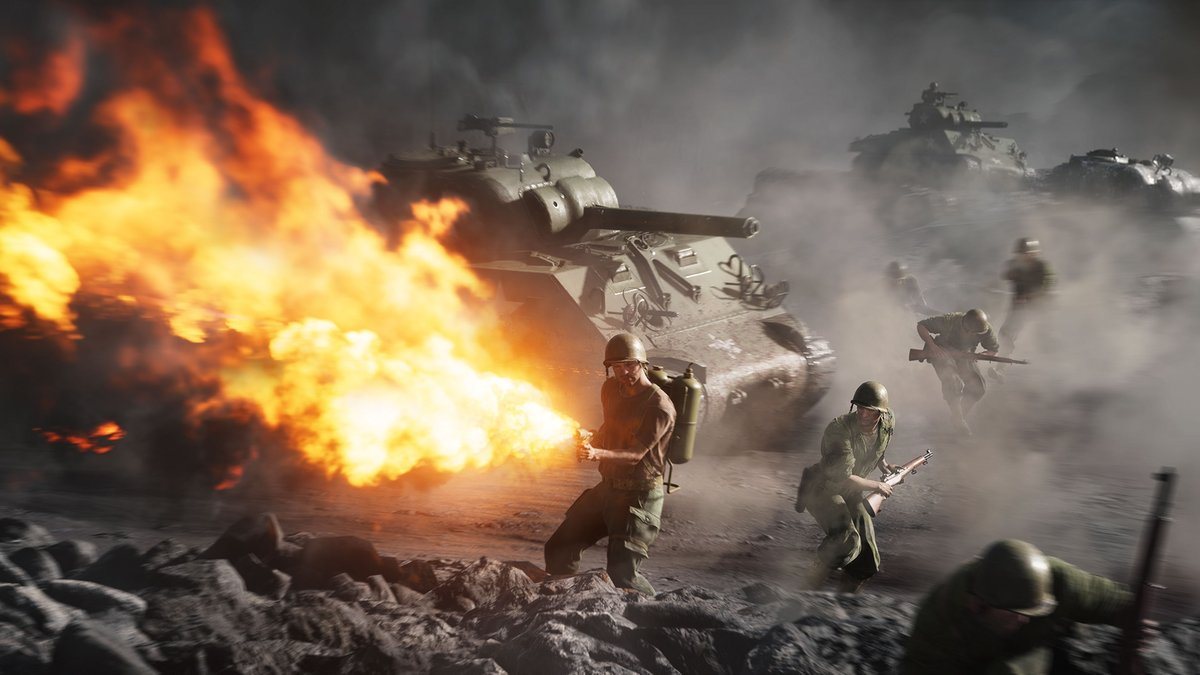 Battlefield V — солдат с огнемётом в бою, скриншот на PS4