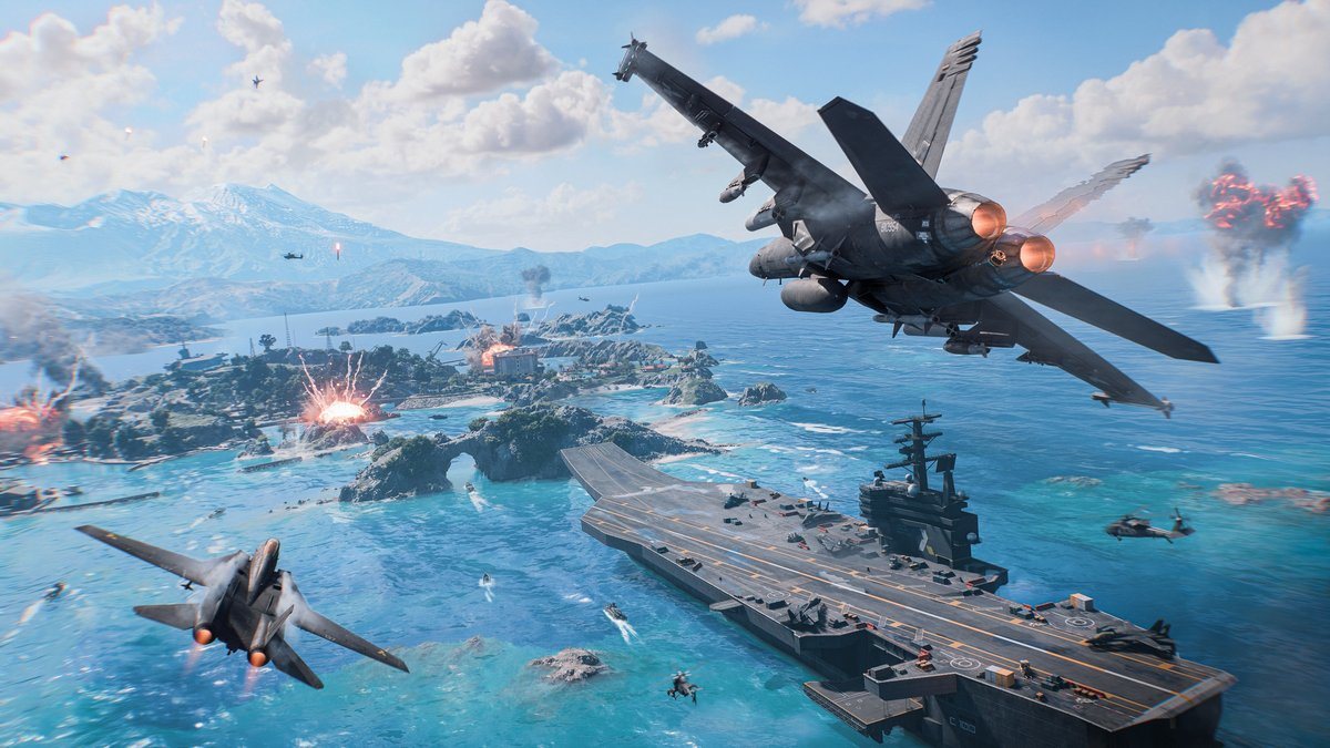 Battlefield 6 — истребители над авианосцем и островами, скриншот на PS5