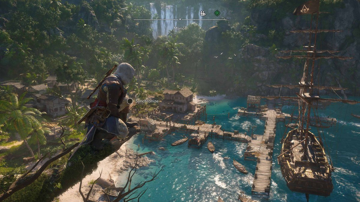 Assassin's Creed Black Flag Resynced — Эдвард Кенуэй над бухтой с кораблём, скриншот на PS5