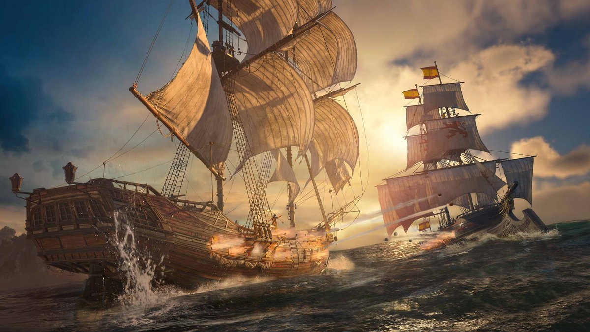 Assassin's Creed Black Flag Resynced — морское сражение двух парусных кораблей на закате, скриншот на PS5