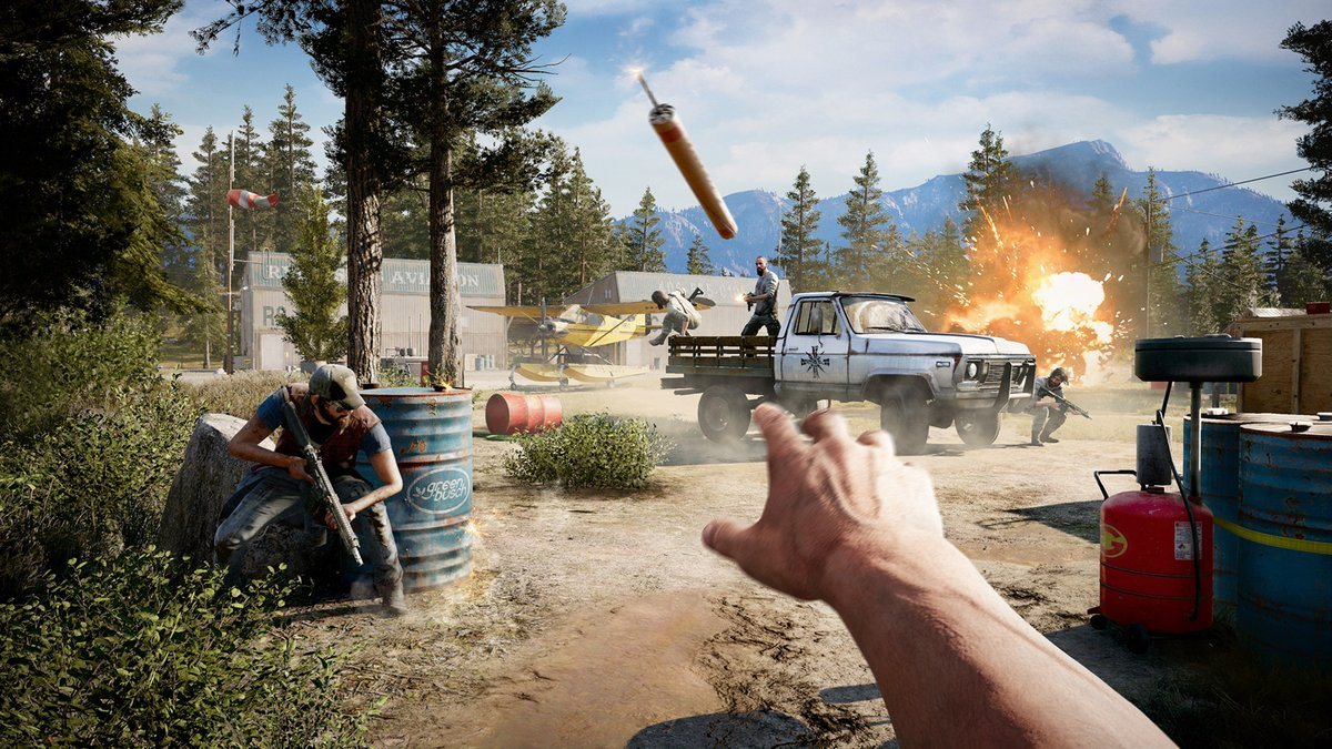 Far Cry 5 — перестрелка с сектантами у грузовика в округе Хоуп, скриншот на PS4
