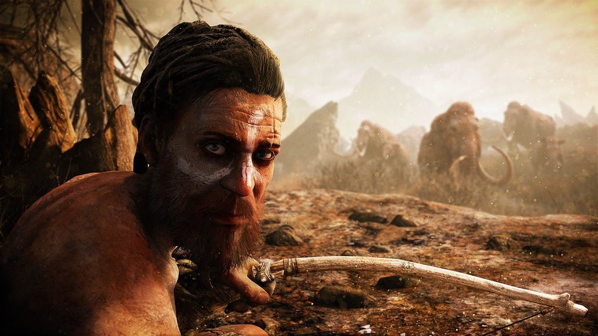 Far Cry Primal — охотник каменного века на фоне мамонтов, скриншот