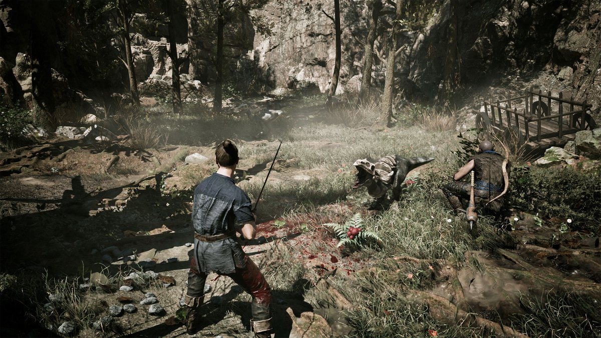 Gothic 1 Remake — герой с мечом в бою в лесу Долины рудников, скриншот на PS5